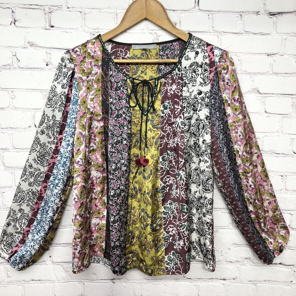 Anthropologie Eclectic ￼Floral Satin Sequin Bling Peasant Blouse Sz S